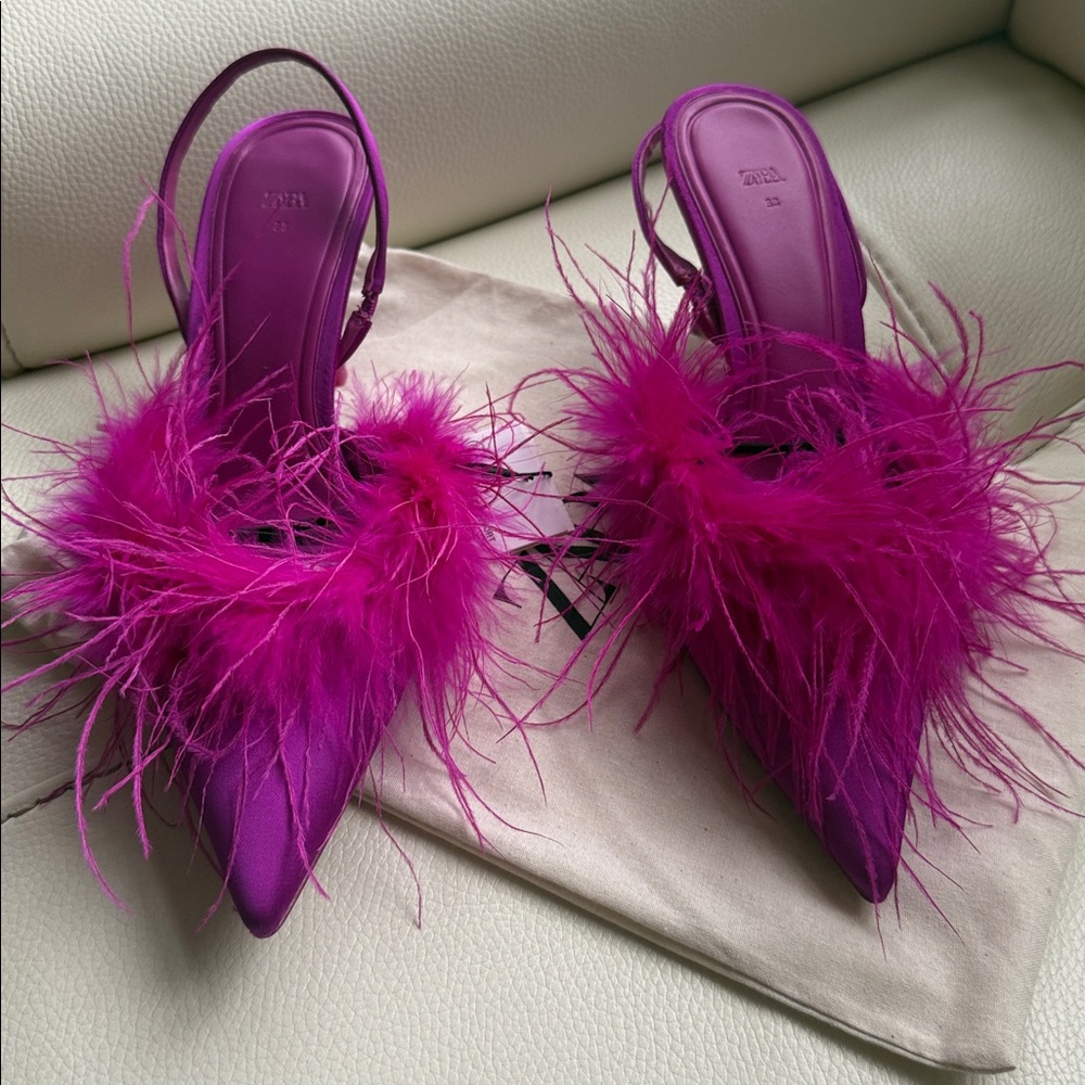 Zara Satin Slingback Pumps‎ Pointed Toe Feather Heels - Picture 8 of 17